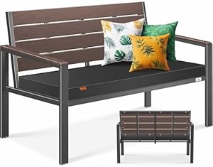 KESSER® Gartenbank mit Kissen – Sitzbank Wetterfest 2-Sitzer Parkbank in Holzoptik Balkonbank für Garten Terrasse Balkon bis 300 kg belastbar UV-beständig inkl. abnehmbarem & waschbarem Polsterbezug