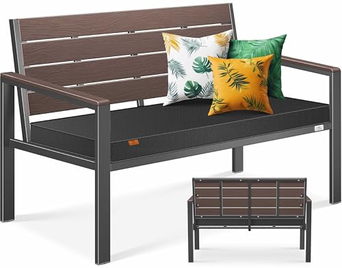 KESSER® Gartenbank mit Kissen – Sitzbank Wetterfest 2-Sitzer Parkbank in Holzoptik Balkonbank für Garten Terrasse Balkon bis 300 kg belastbar UV-beständig inkl. abnehmbarem & waschbarem Polsterbezug