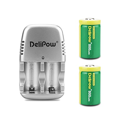 Delipow CR2 Rechargeable Batteries, 3-Volt, 800mAh, Lithium, MSDS Approved, Pre-Charged Photo Camera Battery (2-Pack + Charger)