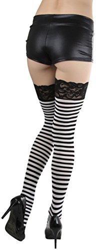 Image of ToBeInStyle Women's Opaque Hosiery Thin Striped Thigh High Long Stocking