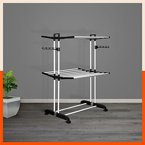 Image of Bathla 2 Level Modular Cloth Drying Stand with Wheels - Rustproof Portable Steel Laundry Rack (Black - Medium) - Clothes Dryer for Balcony, Indoor & Outdoor Use