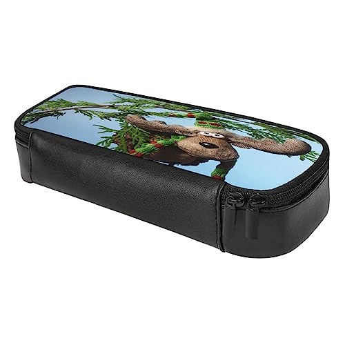 Fionel Moose Pu Leather Quad Pen Case Zipper Pencil Pouch Holder For Pens Case Office Storage Box Organizer Pen Bag(8×1.5×3.5 In) #TOP5