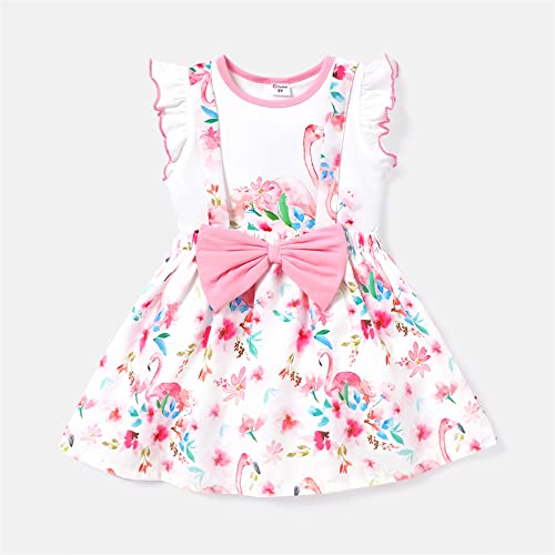 Patpat Toddler Girl Flamingo Floral Print Dresses Ruffle Sleeve Bowknot Design Suspender Skirt Set 18-24 Months #TOP1