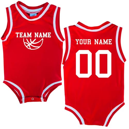 Rocket Bug Custom Sleeveless Basketball TEAM Sport Jersey for Babies - Personalized with Name & Number-FRONT and BACK - (3-6 Months, Red)