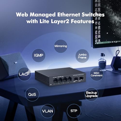 Image of 6 Port 2.5G Managed Switch, 4 x 2.5Gbps Base-T Ports and 2 x 10G SFP+ Slot, Support LACP /QOS /VLAN /IGMP, Mini Metal Fanless YuLinca 2.5Gb Easy Web Wallmount Switch