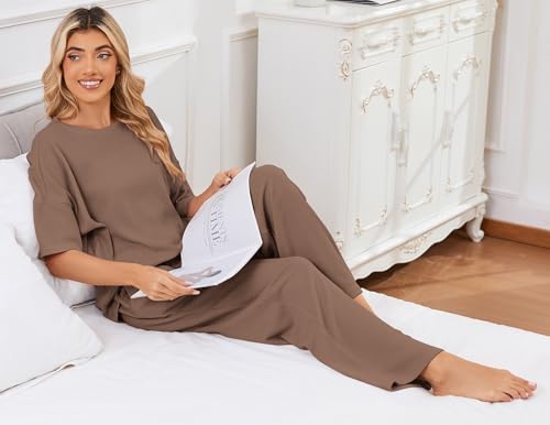Image of JiniGolla Womens Pajama Sets Waffle Knit Short Sleeve Shirt with Long Pajama Pants Soft Sleepwear Pj Lounge Sets
