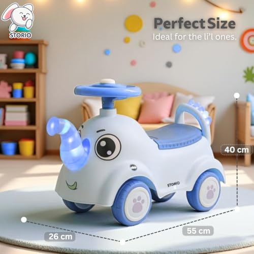 Image of Storio Elephant Baby Ride-On Car Toy with Light and Music - Sky Blue | Push Car for Kids with Backrest & Steering, 1-3 Years