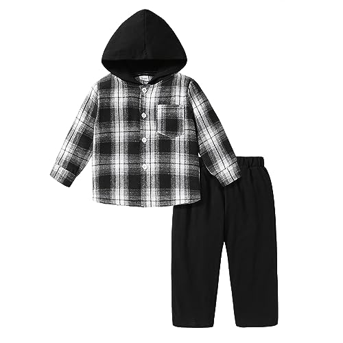 Kids Kids Toddler Baby Boy Clothes Plaid Button Down Hoodied Sweatshirt Casual Pants Fall Winter Outfits Set