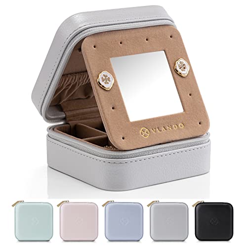 Vlando Boîte à bijoux de voyage boîte à bijoux petite femme pour bagues boucles d'oreilles avec miroir Boîte à bijoux en cuir Boîte à bijoux pour filles femmes cadeau(Gris) Cover