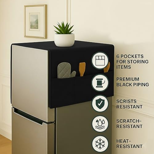 Image of Refrigerator Single Door Waterproof, Dustproof, Refrigerator Top Cover, Protective Cover for Fridges with Extra Storage Space Nylon Top cover with 6 Storage Pockets ( Black, 130 x 54 cm )
