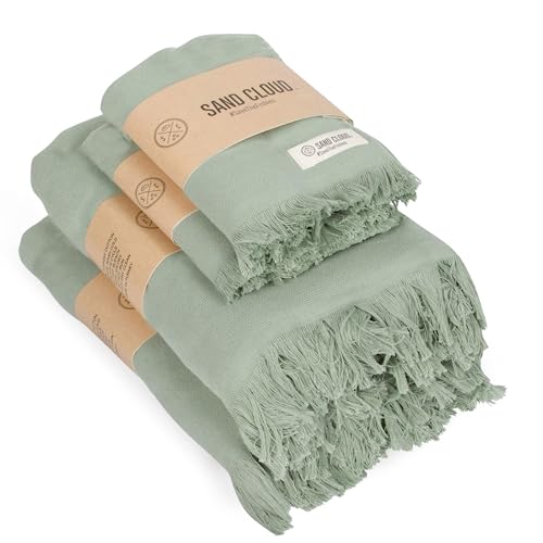 Sand Cloud Turkish Bath Towels Bundle for Bathroom Set of 4 (Terra Sage) - Large Size - 100% Certified Organic Cotton Yarn is Lightweight Soft & Absorbent - Premium Bath & Hand Towels Dry Faster