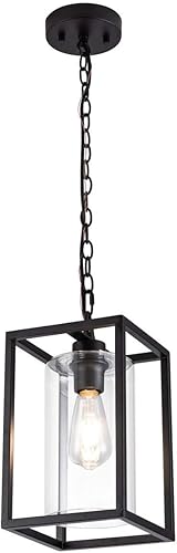 MAYNA Lámpara colgante de granja de 1 luz, lámparas de jaula de metal negro con cadena ajustable y pantalla de vidrio, luces colgantes para isla de