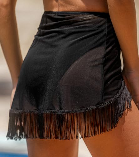 CUPSHE Womens Coverup Only Bikini Bottom Fashion High Waisted Sarong Sheer Mesh Swim Skirt Wrap Front Tassel Trim4