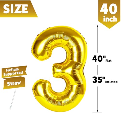 Image of 40 Inch Gold Number 3 Balloon Birthday Party Decorations for Men & Women