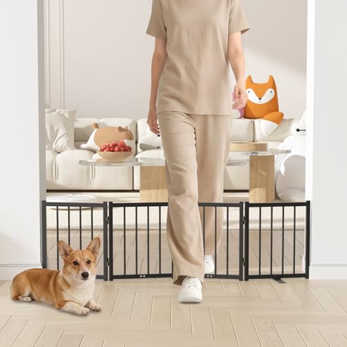 Snuowu 16 Freestanding Short Dog Gate for Small Dogs Foldable & Retractable Expands Up to 48 Wide 4-Panel Pet Barrier for Doorways Stairs & Hallways (Black)