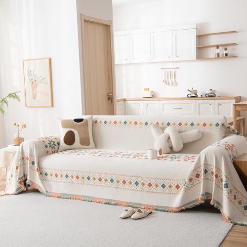 DREAMINGO Couch Cover Boho Washable Sofa Covers for 3 Cushion Couch Geometric Jacquard Chenille Couch Cover Blanket Bohemian Style Living Room Sectional Couch Protector, Beige, 71"x134"