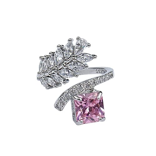 Women's 925 Sterling Silver Plated Princess Cut Simulated Pink Topaz CZ Vine Leaf Adjustable Open Ring for Wedding Engagement Promise