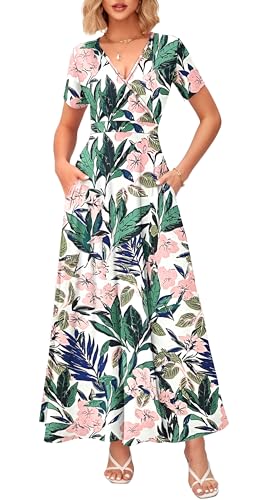 Image of WNEEDU Women's Summer Maxi Dress Short Sleeves Wrap V Neck Long Dresses with Pockets