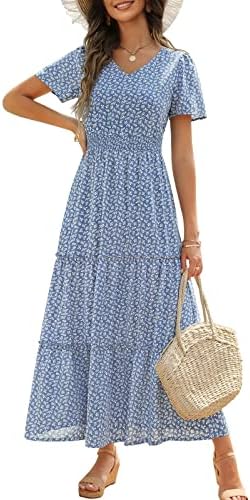 Zattcas Womens 2023 Summer Casual Long Dress Short Flutter Sleeve V Neck Smocked Waist Tiered Flowy Modest Floral Boho Maxi Dress Blue M