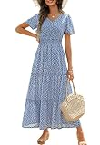 Zattcas Womens 2023 Summer Casual Long Dress Short Flutter Sleeve V Neck Smocked Waist Tiered Flowy