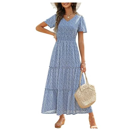 Zattcas Womens 2023 Summer Casual Long Dress Short Flutter Sleeve V Neck Smocked Waist Tiered Flowy Modest Floral Boho Maxi Dress Blue M