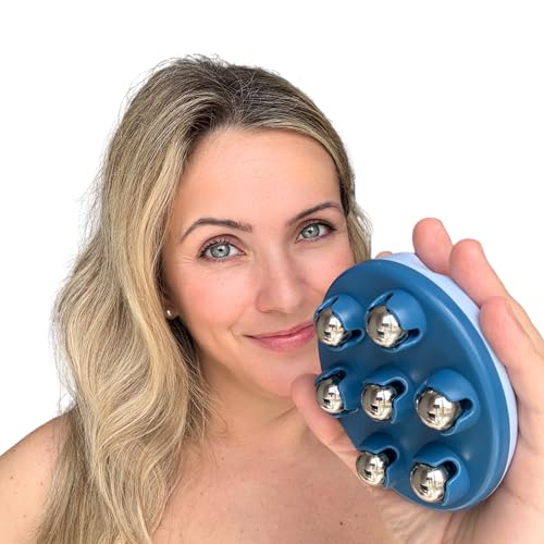 DREHKO Masajeador Anticelulítico Manual con 7 Rodillos de Acero Inoxidable 360° | Piernas, Muslos, Glúteos, Abdomen y Brazos | Ideal para Aplicar Cremas Reafirmantes y Anticelulíticas (AZUL) (Azul)