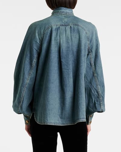 Women's Bow Denim Shirt Button Down High Neck Puff Sleeve Demin Jacket2