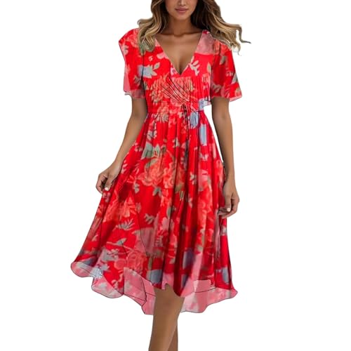 Kleid Baumwolle Damen Sommer midi, Damen Sommerkleid Chiffon Vusschnitt Blumenmuster A-Linie Hochzeit Party Urlaub Elegant Bequem Midikleid für...