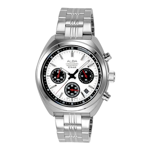 Image of ALBA AT3K11X1 Chronograph Analog Watch for Men | Seashell White Panda Dial | Japanese Quartz VD53 Movement | Stainless Steel Bracelet | 1 /10 Second Chronograph | Date Display | 10 BAR Water Resistant | Mineral Crystal