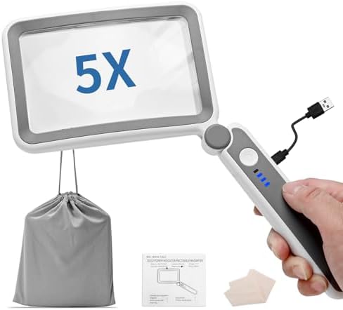5X Large Magnifying Glass with Light Rechargeable 12LED Adjustable Lighting Folding Hand-held Magnifier for Reading Book Full Page Rectangular Lighted Magnifier for Low Vision Seniors Inspection Gift