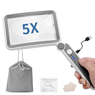 5X Large Magnifying Glass with Light Rechargeable 12LED Adjustable Lighting Folding Hand-held Magnifier for Reading Book Full Page Rectangular Lighted Magnifier for Low Vision Seniors Inspection Gift