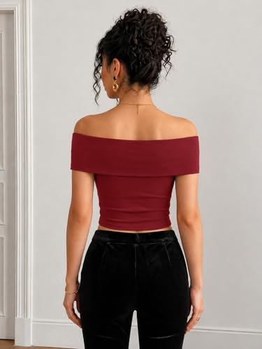 Image of TIVANTE Off-Shoulder Top for Women Stylish, Ruched V Neck Tops for Woman with Gold-Tone Metal Buckle Detail || Fitted Tops for Woman