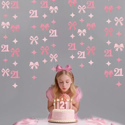 Image of Glitter Pink 21st Bow Birthday Decorations Hot Pink Conquette Bow Garland Streamer Banner Backdrop for Girls Happy 21st Birthday Finally Legal Cheers to 21 Years Old Anniversary Party Supplies