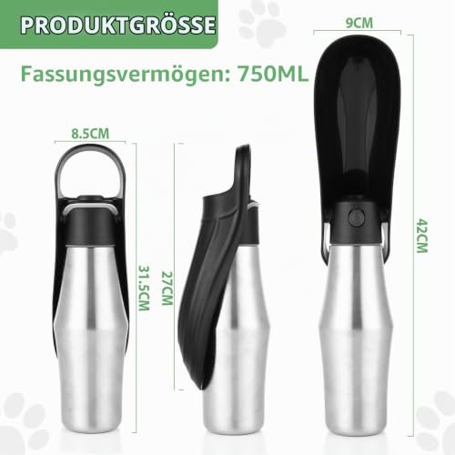 Trinkflasche Hunde unterwegs Edelstahl Trinkflasche Hund, Tragbare Haustier Wasserflasche Faltbare trinkflasche Hunde Wasserspender Reise Zubehör für Wandern und Camping 750ml Schwarz