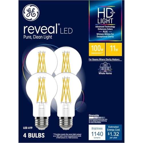 GE Reveal LED A19 100 watt Equivalent 11 watts 1140 lumens HD Light Dimmable Medium Base Pure Clean Reveal HD Light (4 Bulbs)