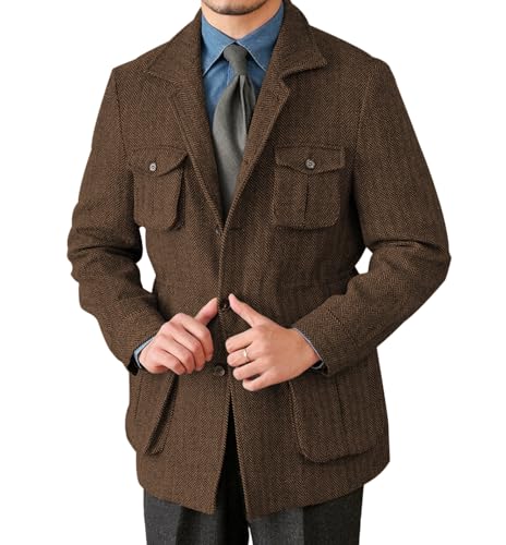 Men's Herringbone Tweed Blazer Vintage Sport Coats Three Button Wool Blend Formal Coat with Four Pockets