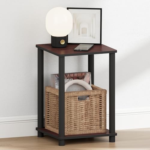 Image of Furinno Turn-N-Tube Night Stand, 2-Tier Open Shelf Design Nightstand, Toolless Square Bedside Table, End Table, Side Table, for Bedroom, Closet, Dorm, Dark Cherry