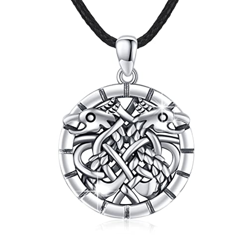 CUOKA MIRACLE Viking Necklaces Dragon 925 Sterling Silver Celtic Knot Dragon Necklace Animal Pendant Double Dragon Amulets Necklace Religious Protector Talisman Jewelry Gifts