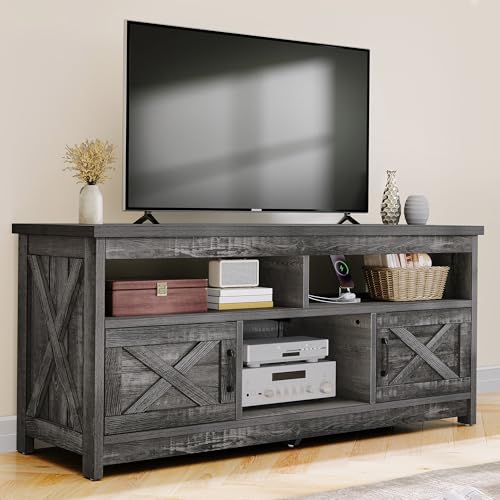 DWVO Farmhouse TV Stand for Television up to 65 Inch, Entertainment Center with Power Outlets and Open Shelf, Rustic TV Cabinet Media Console Table for Living Room, Dark Grey, 59 Inches