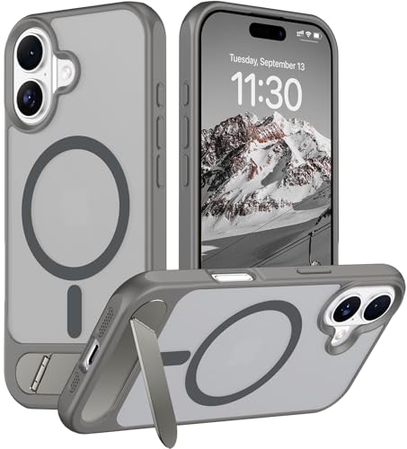 Image of Designed for iPhone 17 Case, [Built-in Invisible Kickstand][Compatible with MagSafe][Military Grade Shockproof] Slim Translucent Matte Phone Case 6.3 inch (Gray)