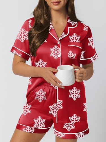 Image of LILLUSORY Silk Satin Pajama Set for Women Summer Two Piece Fall Lounge Pjs | Cozy Matching Sleepwear, Short Sleeve Button Down Shirt and Shorts, Soft Loungewear with Pocket, Cute Trendy Clothing