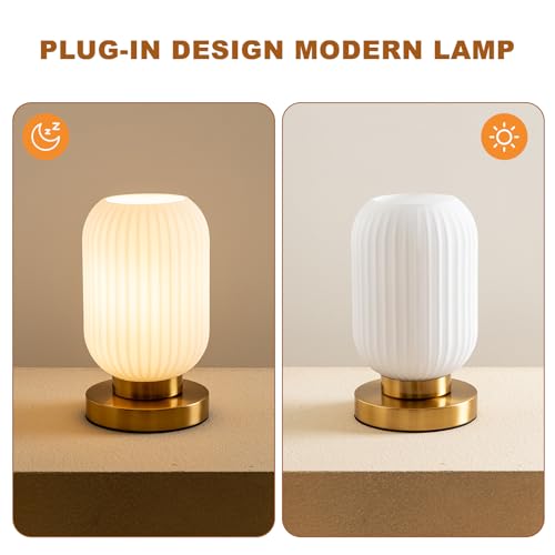 Modern Ribbed Glass Table Lamps Mid Century Bedside Light Small Nightstand Lamp with Plug-in Style, E26 Ambient Lighting for Bedroom Living Room Tabletop, Milky White - Image 4