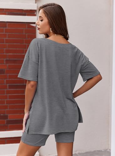 Image of Ekouaer Womens Pajamas 2 Piece Lounge Sets Oversized V Neck T-Shirts Tops Biker Shorts Set Workout Reversible Tracksuit S-XXL