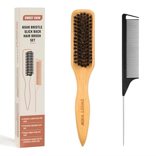SWEET VIEW Boar Bristle Slick Back Hair Brush for Smooth Flyaways, Frizz, Sleek Ponytail, Buns and...