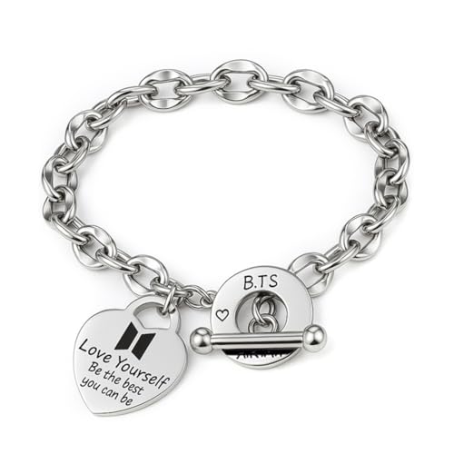 DEFGNOP B-T-S Pulsera de Acero Inoxidable, Pulsera Unisex de Plata, con Colgante de...