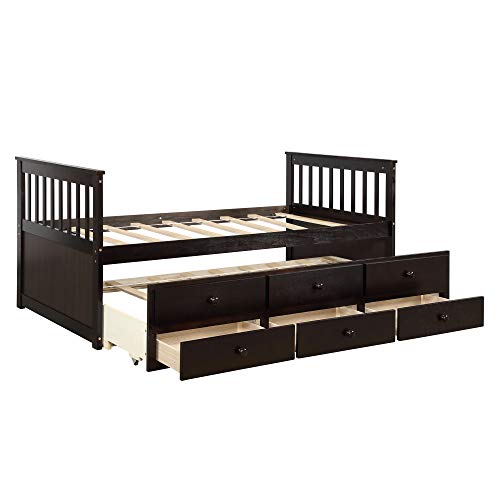Storage Twin Daybed with Trundle and 3 Storage Drawers Wood Platform Captain Bed