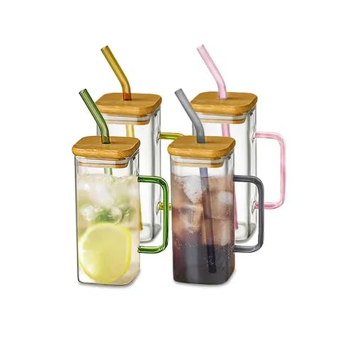 KiKiluxxa Wooden Lid Glass Sipper Tumbler Mug Set of 2 with Straw | 400ml Beer Soda Can Glass for Coffee, Tea, Juice, Smoothie & Water | Random Colour Handle & Matching Straw 4