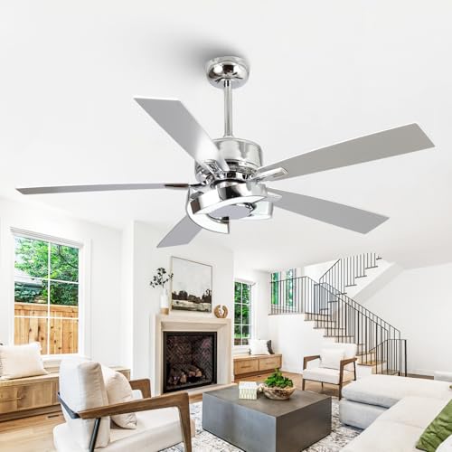 Image of 52 Inch Silver Ceiling Fans with Lights and Remote, Creative Modern Ceiling Fan, 3CCT, 6 Speeds, Quiet, Dual-Sided Reversible 5 Blades Indoor Outdoor Chandelier Fan for Bedroom Living Room