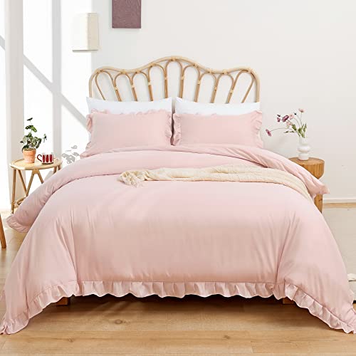 Smoofy Blush Ruffle Comforter Set Full Size, 3 Pcs Pink Boho Vintage Shabby Chic Bedding Set, Soft Fluffy Microfiber Comforter Set For All Season #TOP23