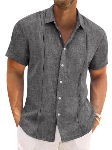 Runcati Mens Cuban Guayabera Shirts Short Sleeve Linen Casual Shirt Button Down Beach Summer Mexican Shirts Dark Grey